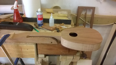 Stage 7: Hand file and sand the neck to the final desired shape, and glue to the heel, attaching it to the ukulele body.